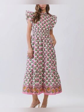 Pink Floral Midi Dress w/ Green Accents & Flutter Sleeves